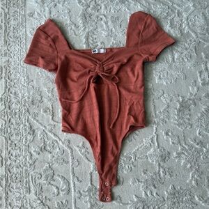 Rusty Orange Tie-Front Ribbed One-Piece